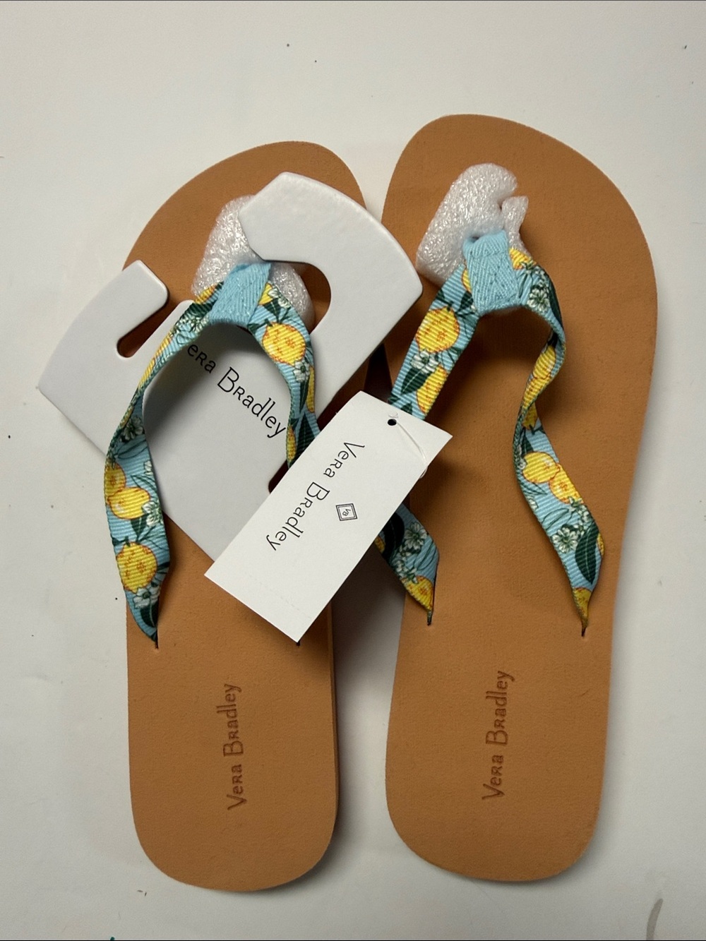 Vera Bradley Yellow Lemon Print Blue Strap Sandals